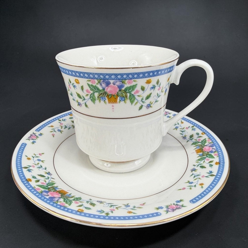 China Pearl Nancy 39042 Floral Tea Cup and Saucer Set Gold Trim Fine China Blue